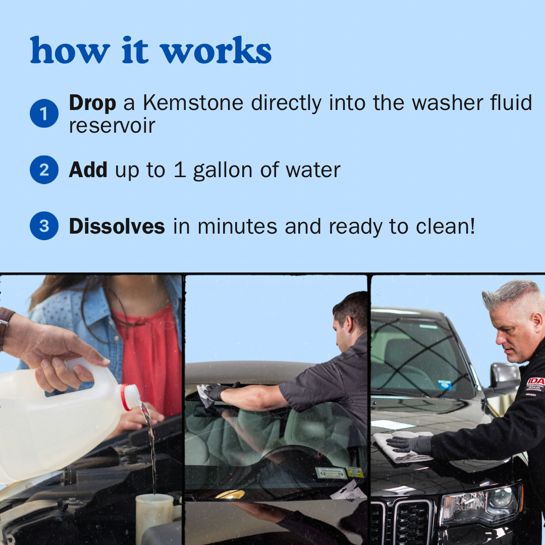 Instructions for using washer fluid tablets: drop tablet into reservoir, add water, and dissolve for clean windshields.