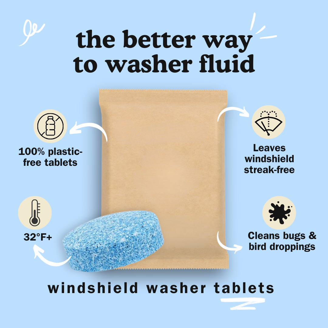 Plastic-free washer fluid tablets for streak-free windshields and cleaning bugs and droppings for temperatures above freezing