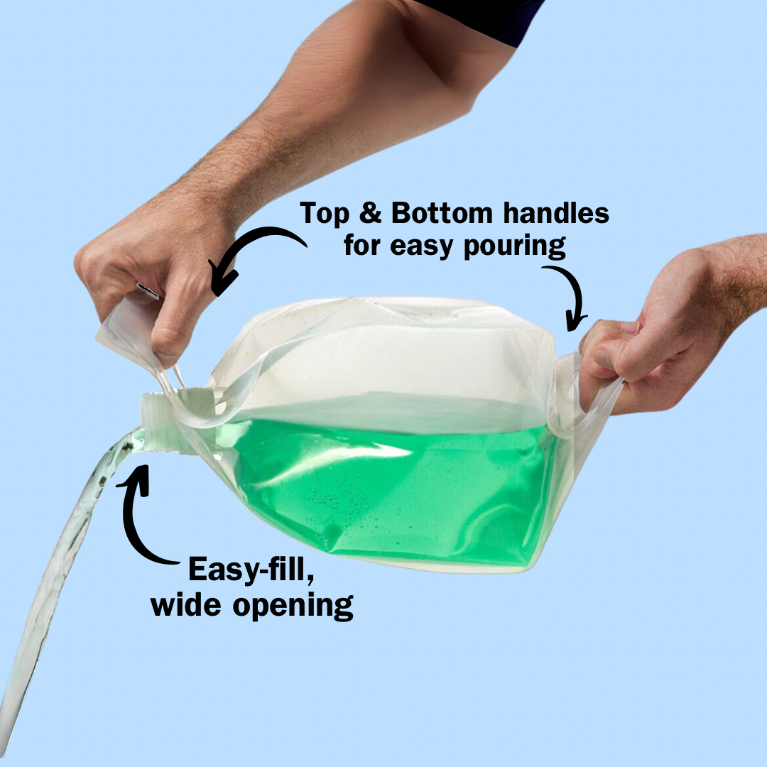 Flexible jug with washer fluid and dual handles for easy pouring through a wide opening